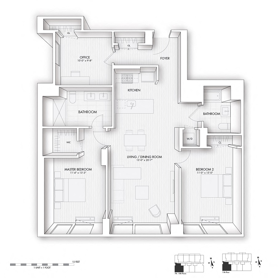 Floor plan for 3 beds, 2 baths, 1270 sqft